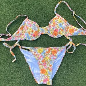 ROMWE Floral Bikini Set with Tie Closures
